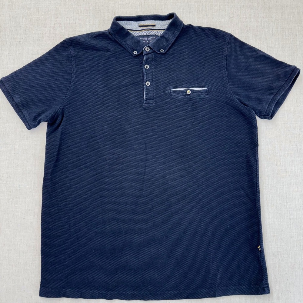 Denim & Flower Ricky Singh Polo Shirt Mens Medium Navy Blue Textured Pocket
